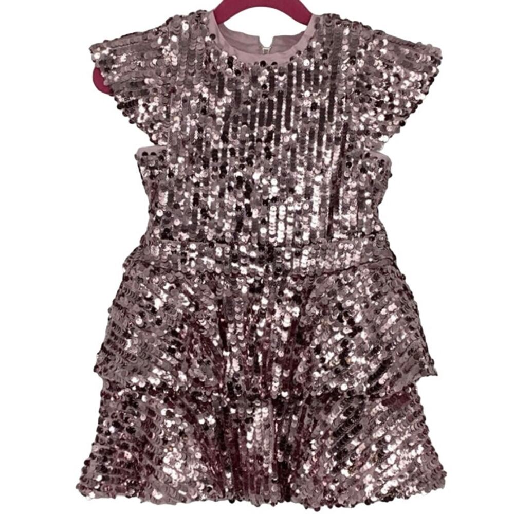 Bardot Junior Size 4T Pink Rose Leila Sequin Dress Tiered Cap Sleeve O1-13